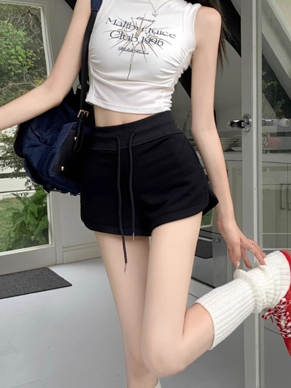 Ženske sportske šortse sa šnira za vezivanje, visokim strukom, duljina 3/4, mješavina poliester-spandeks, kroj A-linije