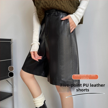 PU kožne široke hlače s visokim strukom, duljina pet četvrtina, ultra tanke, elegantne ženske hlače