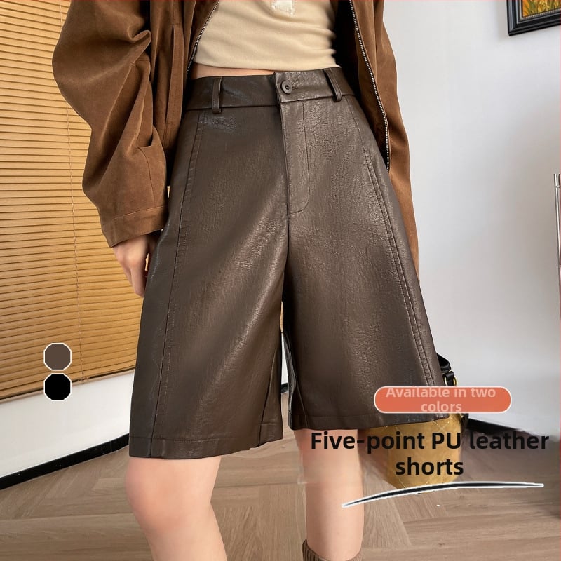 PU kožne široke hlače s visokim strukom, duljina pet četvrtina, ultra tanke, elegantne ženske hlače