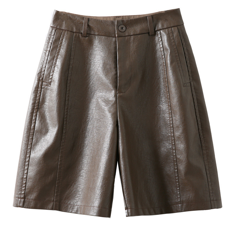 PU kožne široke hlače s visokim strukom, duljina pet četvrtina, ultra tanke, elegantne ženske hlače