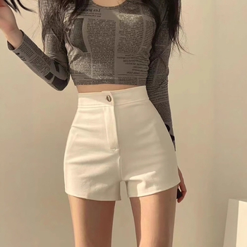 Ženski kratki šorts s visokim strukom - poliester tkanina, 90-95% poliester, tanko, ravni kroj, mikro elastičnost