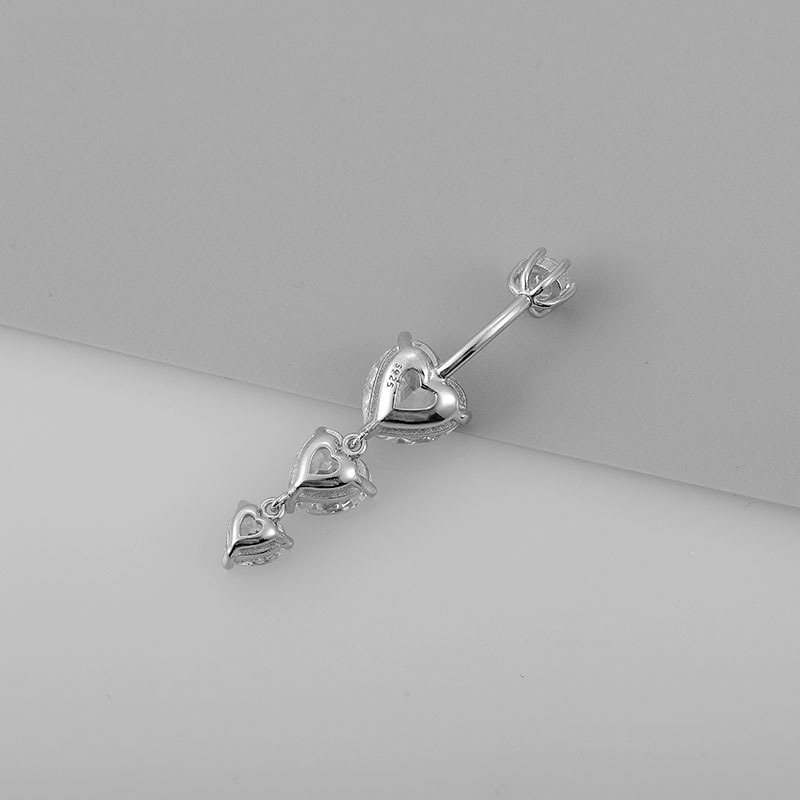 S925 Srebrni pupčani prsten sa srcem, korejskog stila, s dijamantom