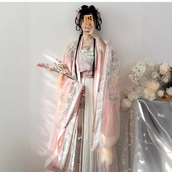 Vezeni šifon Hanfu top, duljine do struka, širokih rukava, 80–90% poliestera