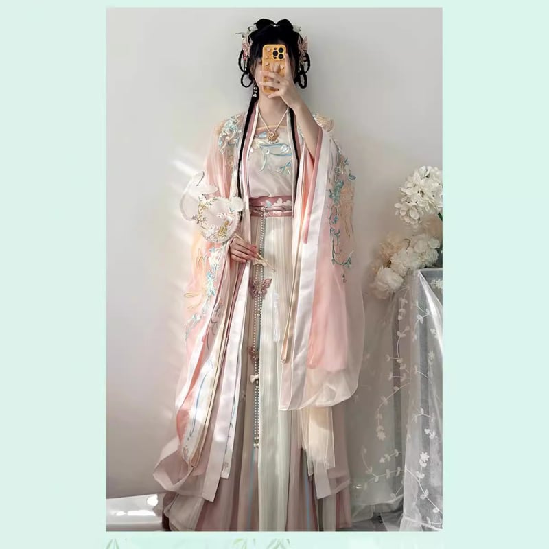 Vezeni šifon Hanfu top, duljine do struka, širokih rukava, 80–90% poliestera