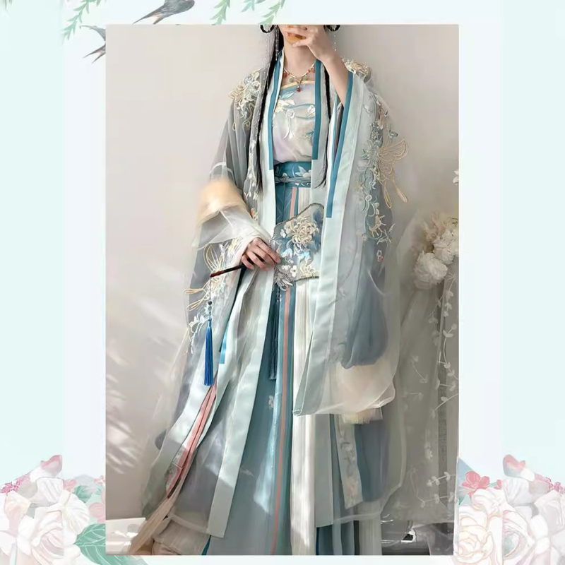 Vezeni šifon Hanfu top, duljine do struka, širokih rukava, 80–90% poliestera