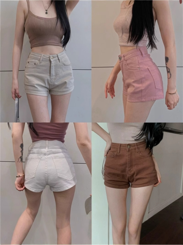 Ženski traper kratke hlače visokim strukom, uski kroj, A-linija, mješavina pamuka-polyester (80–90% pamuka)