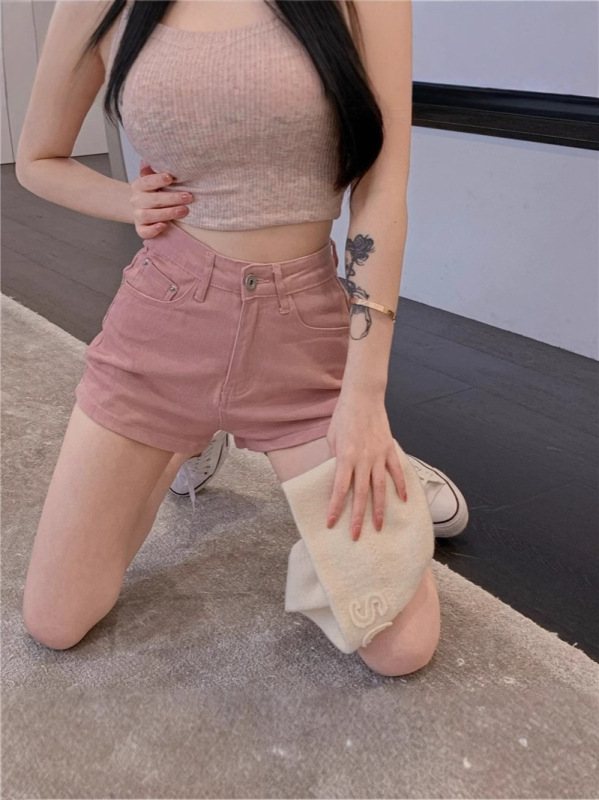 Ženski traper kratke hlače visokim strukom, uski kroj, A-linija, mješavina pamuka-polyester (80–90% pamuka)