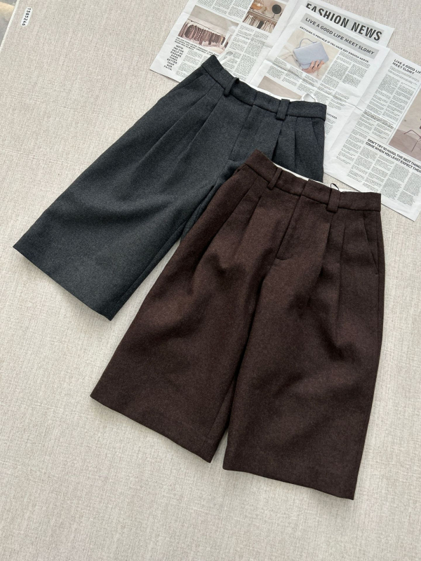 Παντελόνια από μαλλί με ανάμειξη πολυεστέρα, διπλή πιέτα, μήκος πέντε τετάρτων, ίσια γραμμή, μέση μέση, μάρκα Ann revan, φθινόπωρο 2025