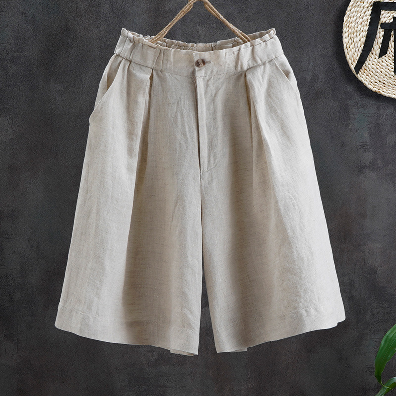 Ženske široke kratke hlače od pamuka i lana, visok pas, ljetna opuštena silueta, retro stil