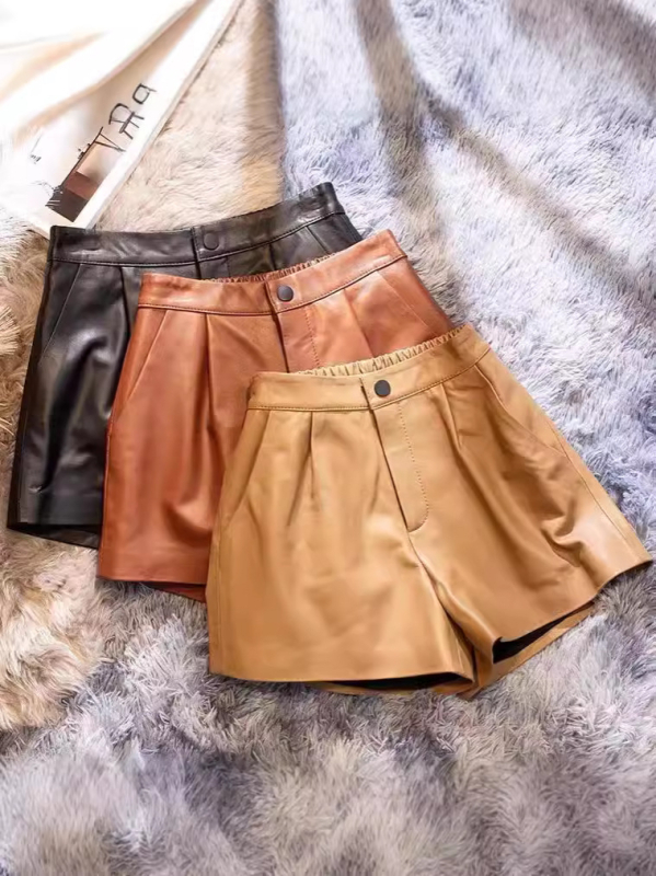 Γυναικείοι δερμάτινοι σορτς από κατσικίσιο δέρμα με γνήσιο γούνινο φινίρισμα, ψηλή μέση, μήκος 3/4, σχέδιο patchwork, μικροελαστικότητα, casual παντελόνια