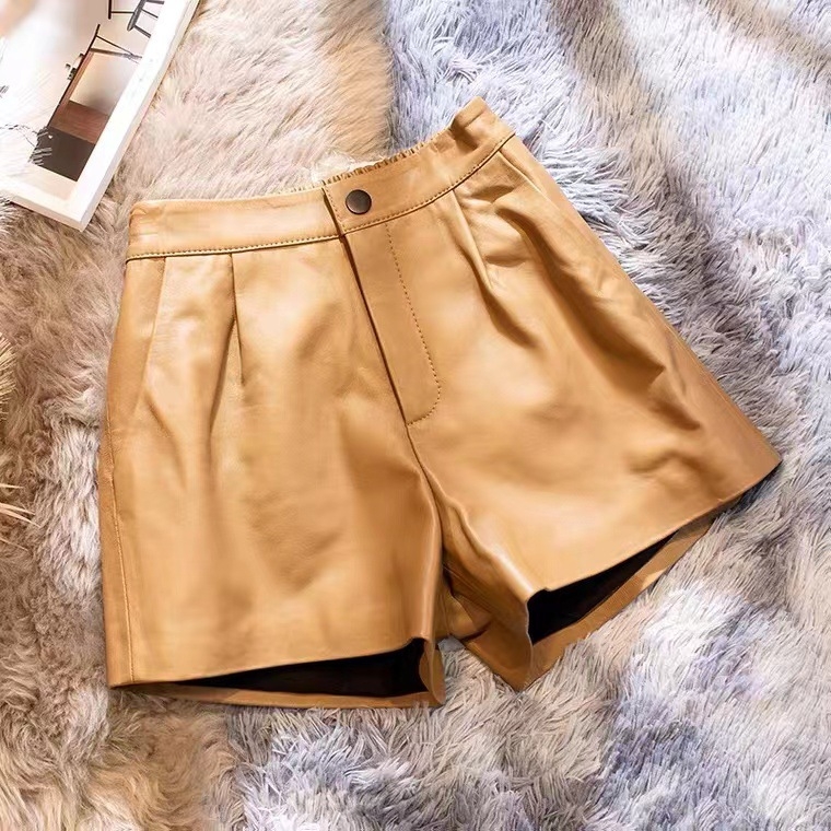 Γυναικείοι δερμάτινοι σορτς από κατσικίσιο δέρμα με γνήσιο γούνινο φινίρισμα, ψηλή μέση, μήκος 3/4, σχέδιο patchwork, μικροελαστικότητα, casual παντελόνια