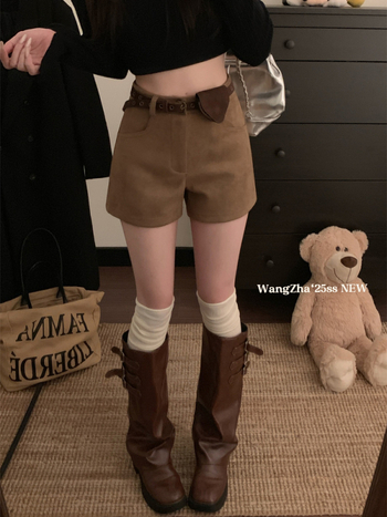 Γυναικεία κοντά σορτς με ψηλή μέση, μήκος τριών τεταρτών, συνθετικό ύφασμα σουέν-πολυεστέρα, casual μποτ στυλ, μικροελαστικότητα