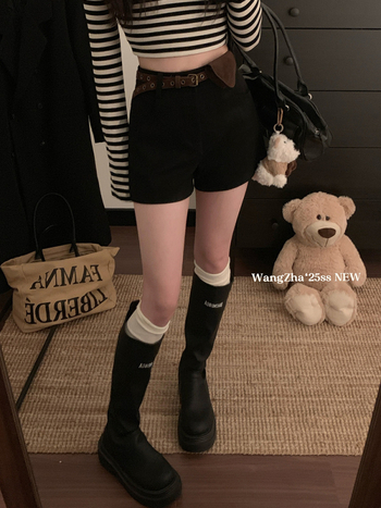 Γυναικεία κοντά σορτς με ψηλή μέση, μήκος τριών τεταρτών, συνθετικό ύφασμα σουέν-πολυεστέρα, casual μποτ στυλ, μικροελαστικότητα