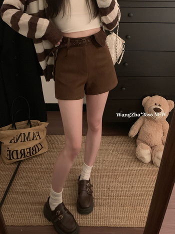 Γυναικεία κοντά σορτς με ψηλή μέση, μήκος τριών τεταρτών, συνθετικό ύφασμα σουέν-πολυεστέρα, casual μποτ στυλ, μικροελαστικότητα