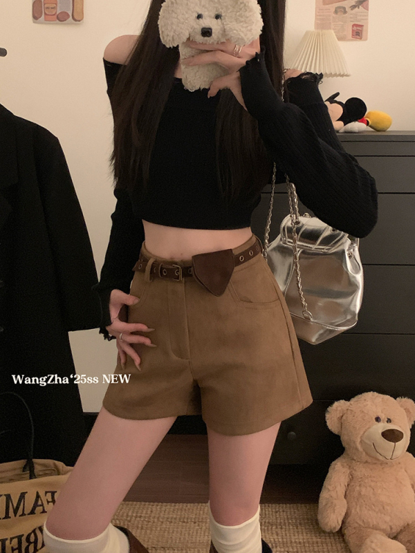 Γυναικεία κοντά σορτς με ψηλή μέση, μήκος τριών τεταρτών, συνθετικό ύφασμα σουέν-πολυεστέρα, casual μποτ στυλ, μικροελαστικότητα