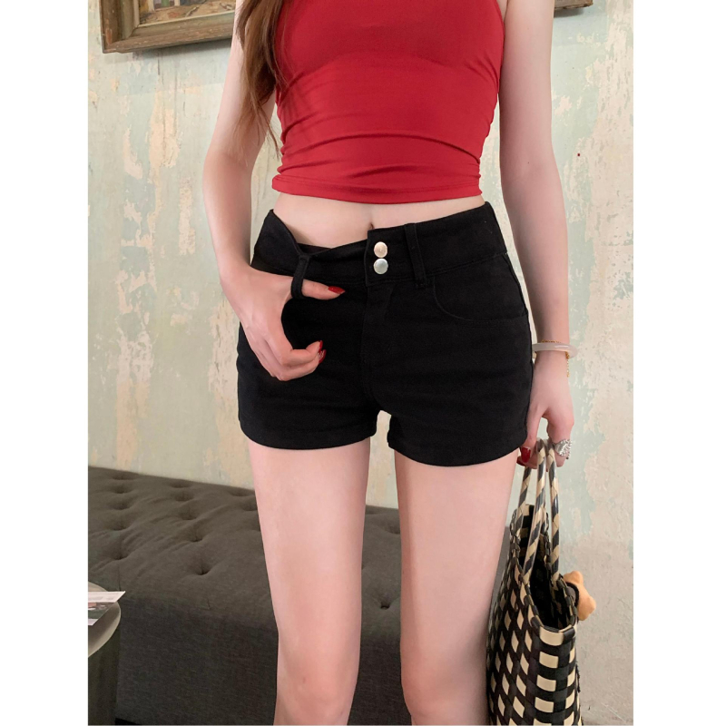 Γυναικείο κοντό τζιν παντελόνι, ψηλή μέση, διπλό κουμπί, ενίσχυση γοφών