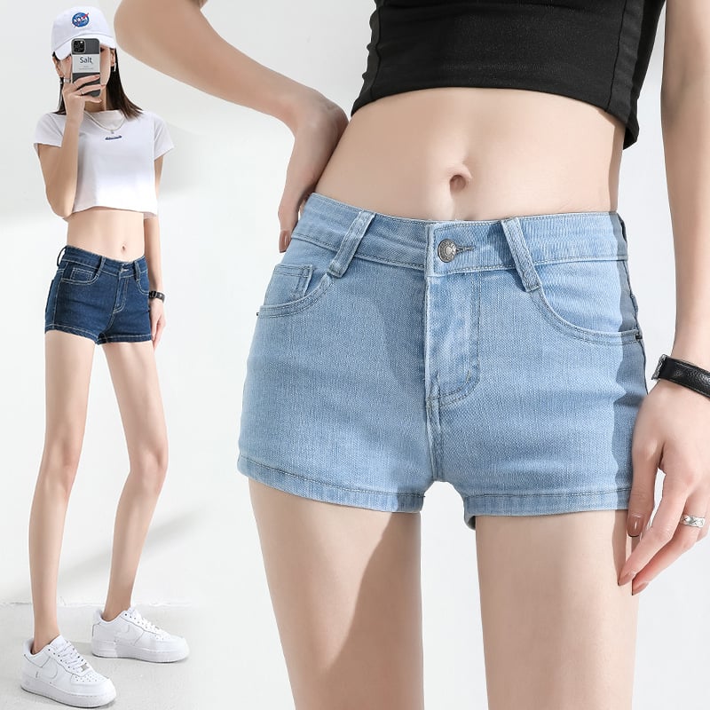 Ženske denims šorts s niskim strukom, rastezavni denim, duljina tri četvrtine, mješavina pamuka i poliestera, peskano pranje