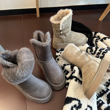 Ženske zimske čizme za snijeg s nubukom, gornji dio od nubuk kože, postava shearling, gumeni potplat, srednja visina čizme, okrugli vrh prsta