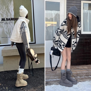 Ženske zimske čizme za snijeg s nubukom, gornji dio od nubuk kože, postava shearling, gumeni potplat, srednja visina čizme, okrugli vrh prsta