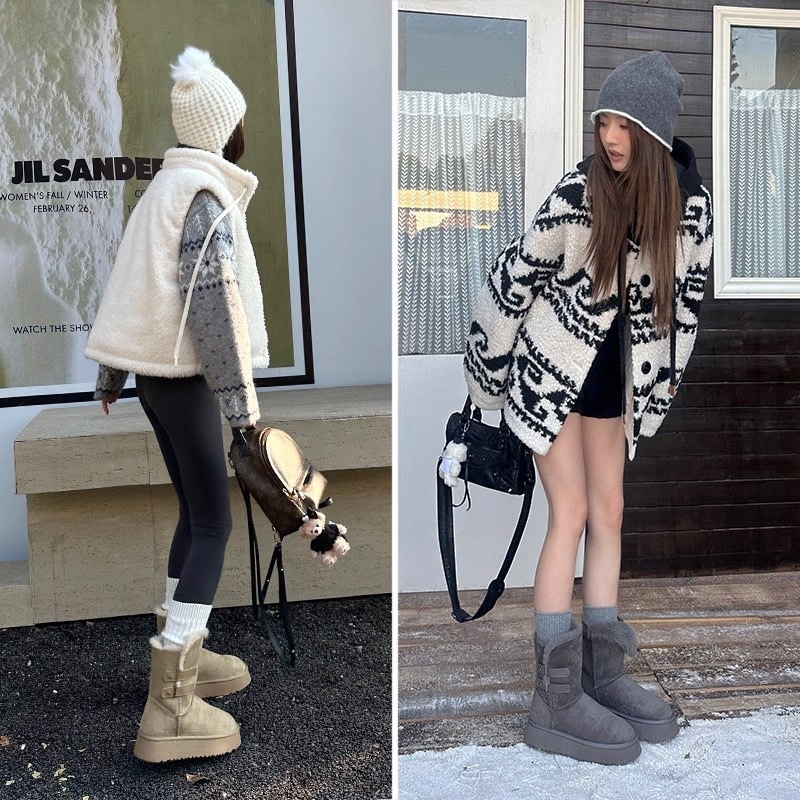 Ženske zimske čizme za snijeg s nubukom, gornji dio od nubuk kože, postava shearling, gumeni potplat, srednja visina čizme, okrugli vrh prsta