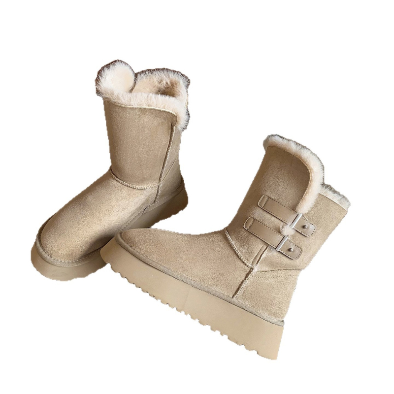 Ženske zimske čizme za snijeg s nubukom, gornji dio od nubuk kože, postava shearling, gumeni potplat, srednja visina čizme, okrugli vrh prsta