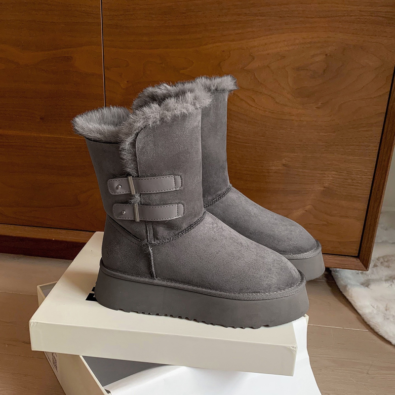 Ženske zimske čizme za snijeg s nubukom, gornji dio od nubuk kože, postava shearling, gumeni potplat, srednja visina čizme, okrugli vrh prsta