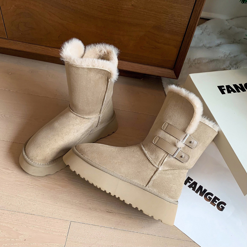 Ženske zimske čizme za snijeg s nubukom, gornji dio od nubuk kože, postava shearling, gumeni potplat, srednja visina čizme, okrugli vrh prsta