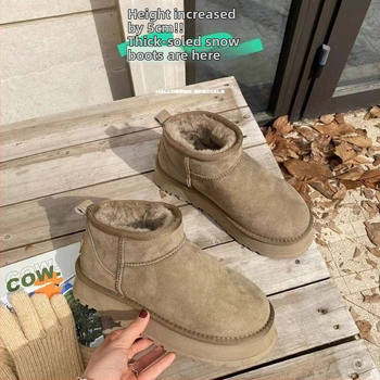 Dámske zimné topánky, vysoký vršok, 5 cm hrubá podrážka, nubuk hovädzej kože vrchnok, gumová podrážka, vnútro s umelým chlupom