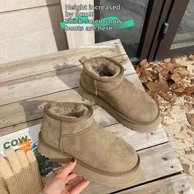 Dámske zimné topánky, vysoký vršok, 5 cm hrubá podrážka, nubuk hovädzej kože vrchnok, gumová podrážka, vnútro s umelým chlupom