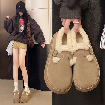 Ženske nubuk papuče sa toplom pamučnom podstavom, protuklizna gumena potplata, Velcro zatvarač, srednja visina pete 3–5 cm