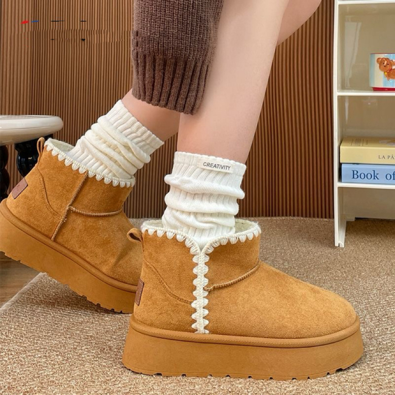 Ženske zimske čizme od pamuka s pliš podstavom, slip-on s Velcro zatvaračem, gumom potplatom, srednja visina čizme, okrugli vrh