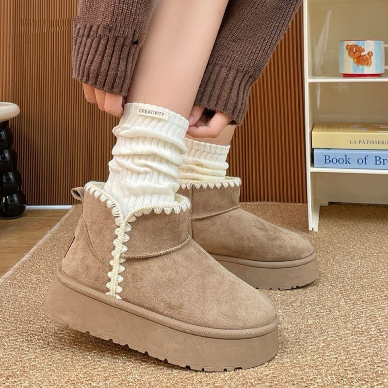 Ženske zimske čizme od pamuka s pliš podstavom, slip-on s Velcro zatvaračem, gumom potplatom, srednja visina čizme, okrugli vrh