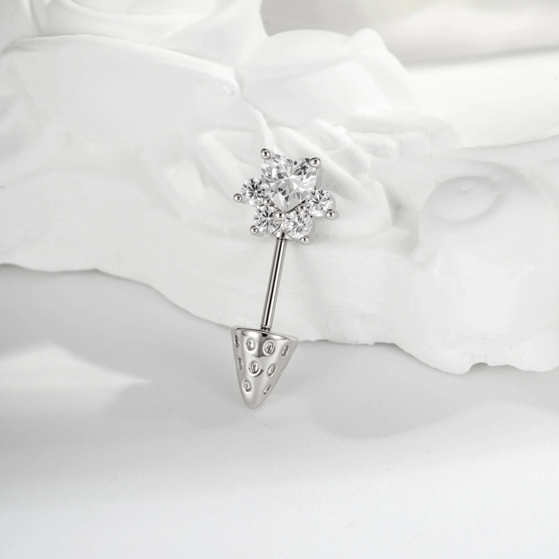 Ausu kaula pīrsings ar sirds formas kaķa ķepas motīvu, metāls, dimanta griezums, cirkons, unisex