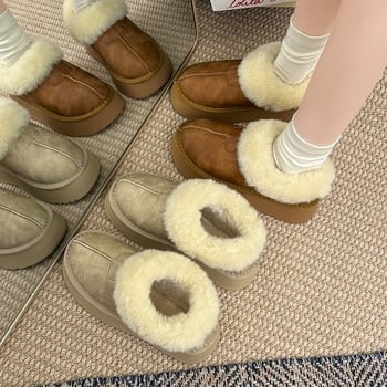 Zimske čizme od ovčje kože s vunenim ovratnikom, platforma, slip-on, gumena potplata, za žene