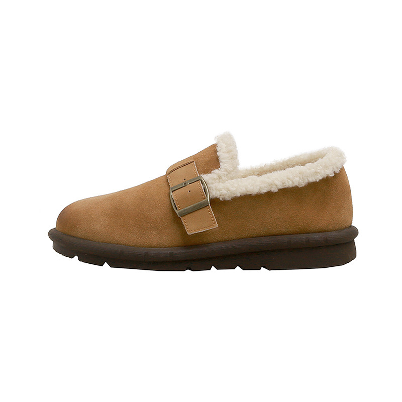 Pantofi de casă femei slip-on, cu căptușeală pufoasă, talpă din cauciuc și talpă din lână de oaie — toc mic (1–3 cm)