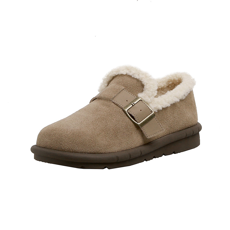 Pantofi de casă femei slip-on, cu căptușeală pufoasă, talpă din cauciuc și talpă din lână de oaie — toc mic (1–3 cm)