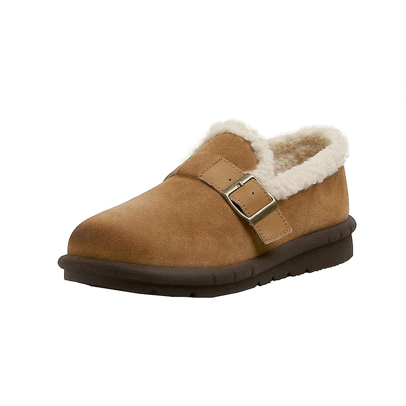 Pantofi de casă femei slip-on, cu căptușeală pufoasă, talpă din cauciuc și talpă din lână de oaie — toc mic (1–3 cm)