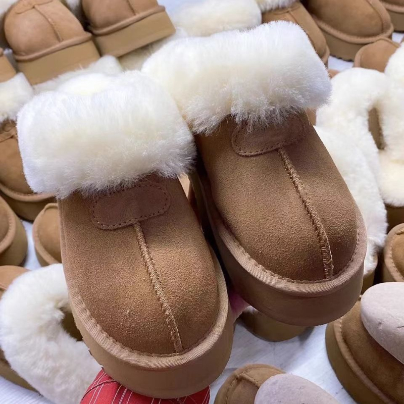 Ženske zimske papuče s debelim potplatom i krznom - slip-on, za vanjsku upotrebu, gumeni potplat