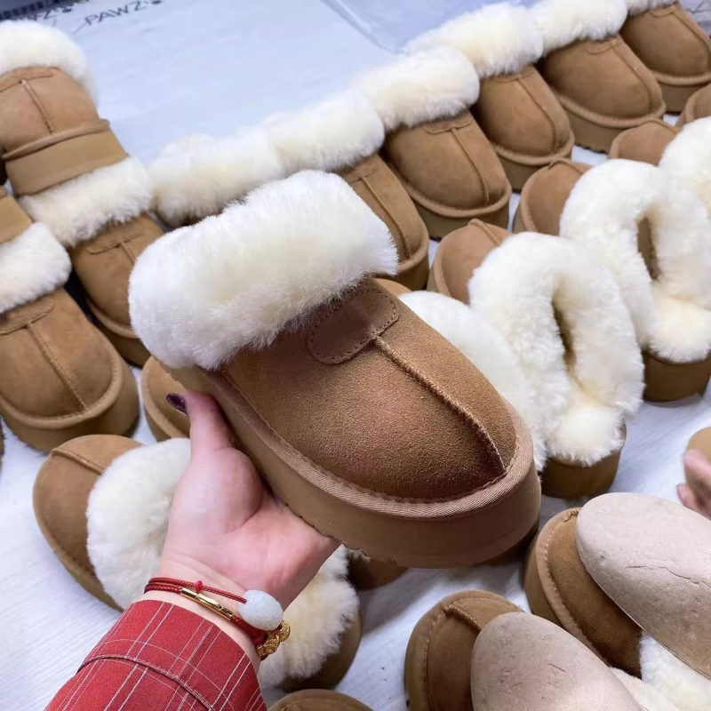 Ženske zimske papuče s debelim potplatom i krznom - slip-on, za vanjsku upotrebu, gumeni potplat