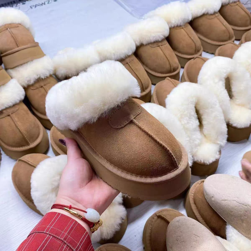 Ženske zimske papuče s debelim potplatom i krznom - slip-on, za vanjsku upotrebu, gumeni potplat