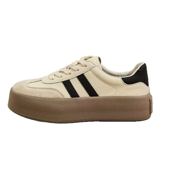 Női középmagas szárú sportcipő vastag, puha talppal, műbőr felsőrész, bőr talp, fűzős záródás, csíkos mintázat, mindennapi sportcipő