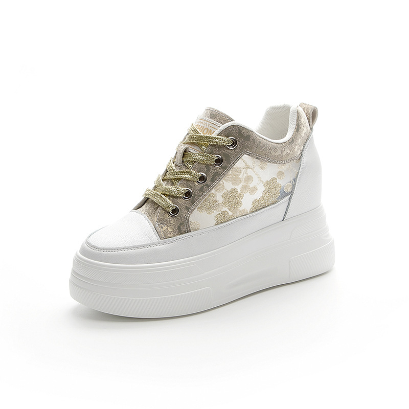 Ženske tenisice s unutarnjim povećanjem visine, gornji dio od dva sloja teleće kože, prozračna mreža, PU đon, klinasti pet, zatvaranje elastičnim trakama