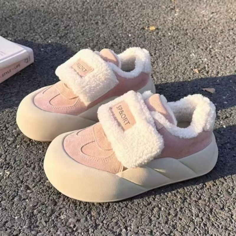Ženske PU cipele s flis potplatom, debeli mekani potplat, kvadratni nos, niski gornji dio, Velcro zatvarač, zimska casual obuća