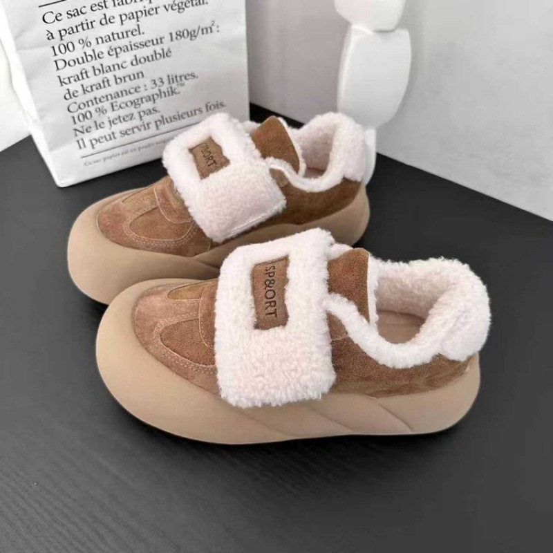 Ženske PU cipele s flis potplatom, debeli mekani potplat, kvadratni nos, niski gornji dio, Velcro zatvarač, zimska casual obuća