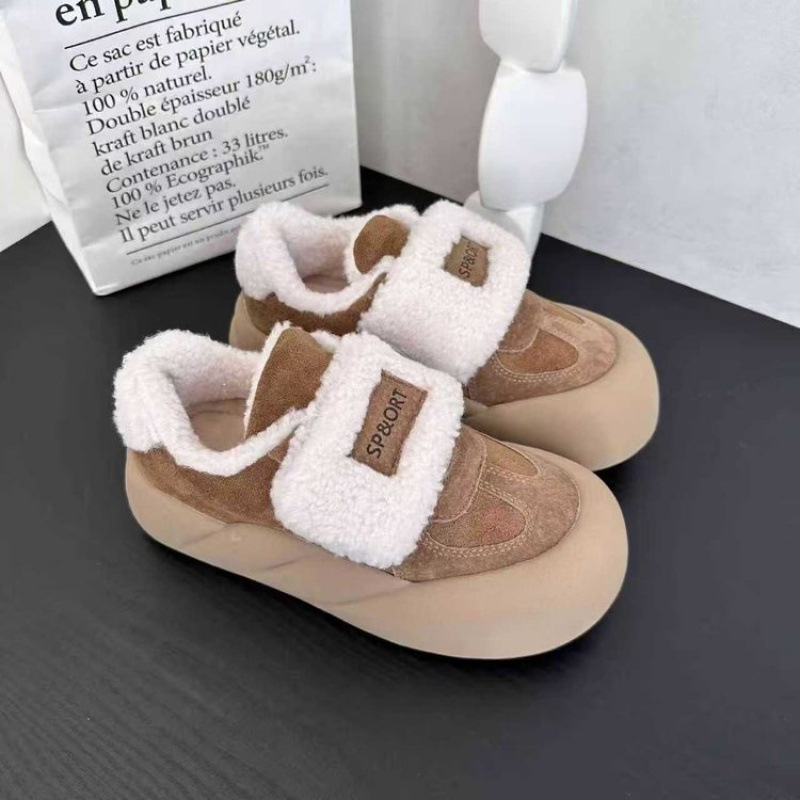 Ženske PU cipele s flis potplatom, debeli mekani potplat, kvadratni nos, niski gornji dio, Velcro zatvarač, zimska casual obuća