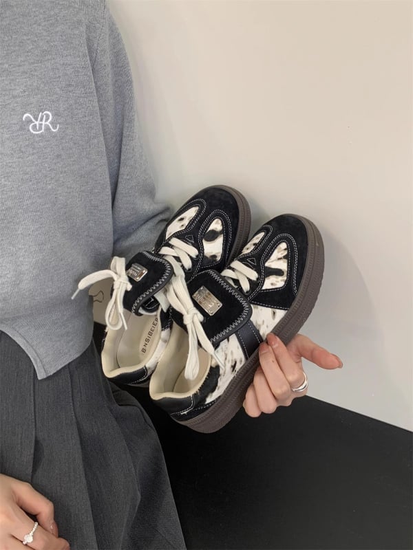 Ženske tenisice za sportsku casual obuću s leopardim uzorkom i konjskom dlakom, retro stil, gornji dio PU, gumeni potplat, zaobljeni vrh, visina pete 3-5 cm