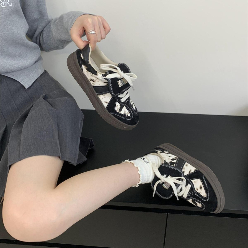 Ženske tenisice za sportsku casual obuću s leopardim uzorkom i konjskom dlakom, retro stil, gornji dio PU, gumeni potplat, zaobljeni vrh, visina pete 3-5 cm