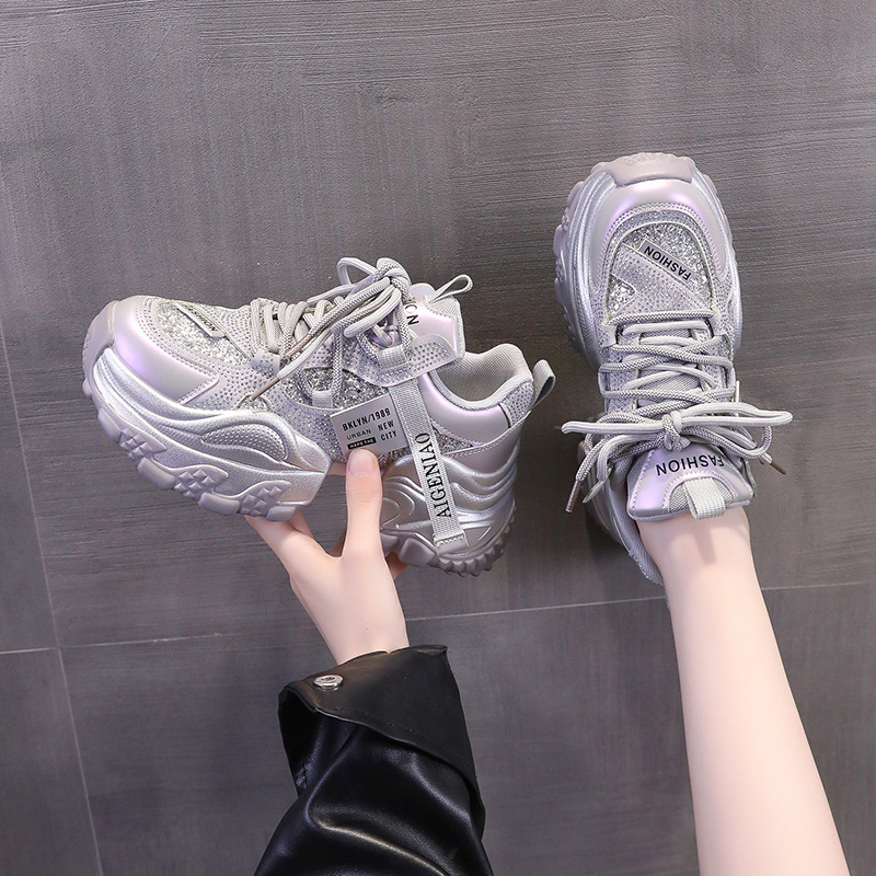 Ženske cipele tip dad shoes s PU gornjim dijelom, gumom, vezanjem, visokim gornjim dijelom, okrugla nosnica