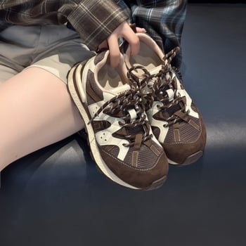 Casual ženske tenisice u retro stilu dad shoes, gornji dio od prave kože, okrugli vrh, vezanje, niski gornji dio, gumena potplata