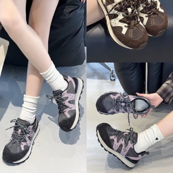 Casual ženske tenisice u retro stilu dad shoes, gornji dio od prave kože, okrugli vrh, vezanje, niski gornji dio, gumena potplata